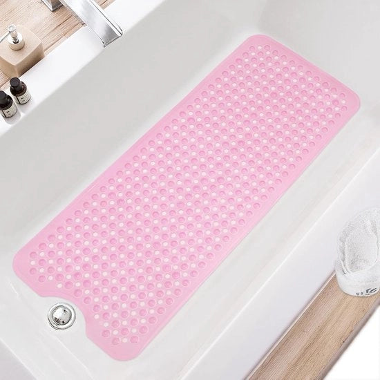 Mat per doccia antiscivolo 40 x 16 pollici, grande doccia mat extra, mat per doccia lavabile in lavastoviglie con fori di scarico, morsetto per fissaggio al pavimento della doccia, trasparente rosa.