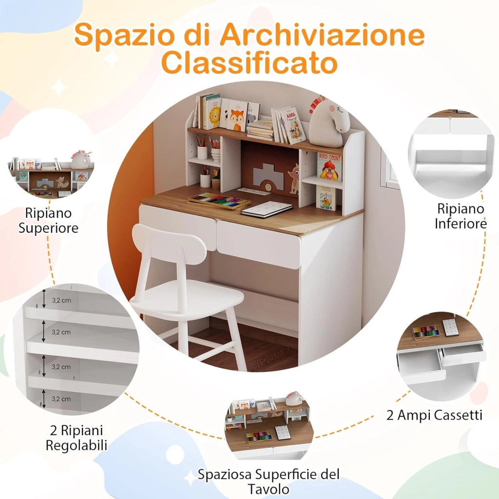 Scrivania per Bambini, 8-12 Anni, Tavolo in Legno con Bacheca in Sughero, Stazione di Ricarica, Ampio Piano, Mensole Regolabili e 2 Cassetti, Ideale per Studio e Disegno