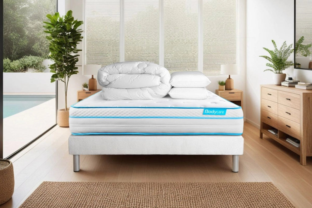 Pacchetto letto completo - Materasso 140x190cm + Box spring con doghe (kit) + 2 cuscini + Piumino - BodyMax