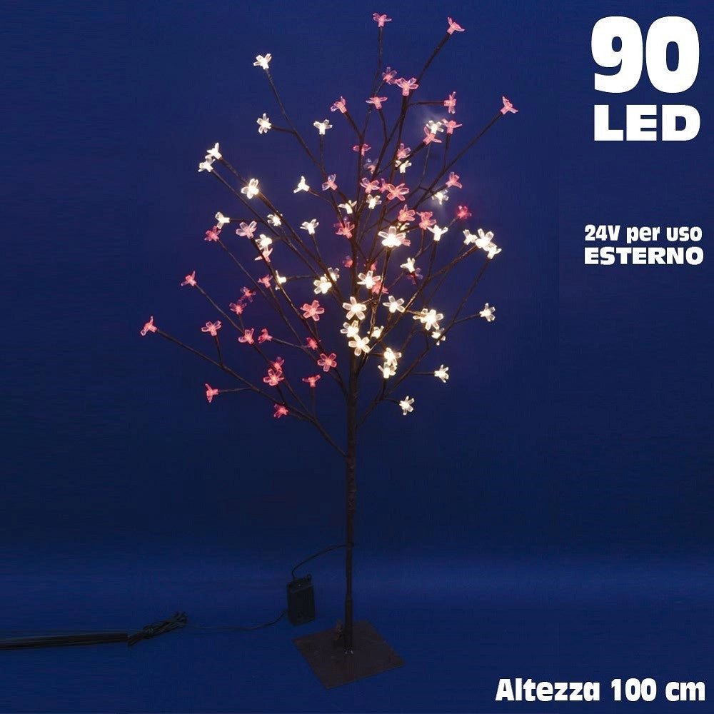 Trade Shop - Albero Di Natale Luminoso Ciliegio Per Esterno 90 Led 100cm Bianco Caldo E Rosso -
