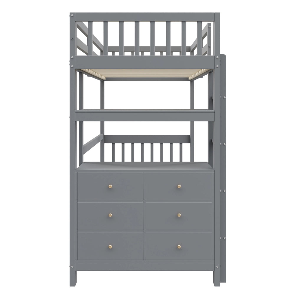 OKWISH Letto a Soppalco 90×200 cm, Letto Singolo con Scala Verticale, 6 Cassetti, Mensole e Sponda di Sicurezza, senza Materasso, Grigio