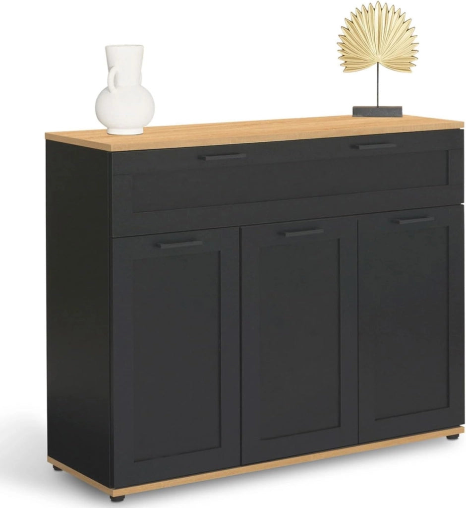 Credenza VITO 100 cm con 3 ante e 1 cassetto, nero e piano in legno
