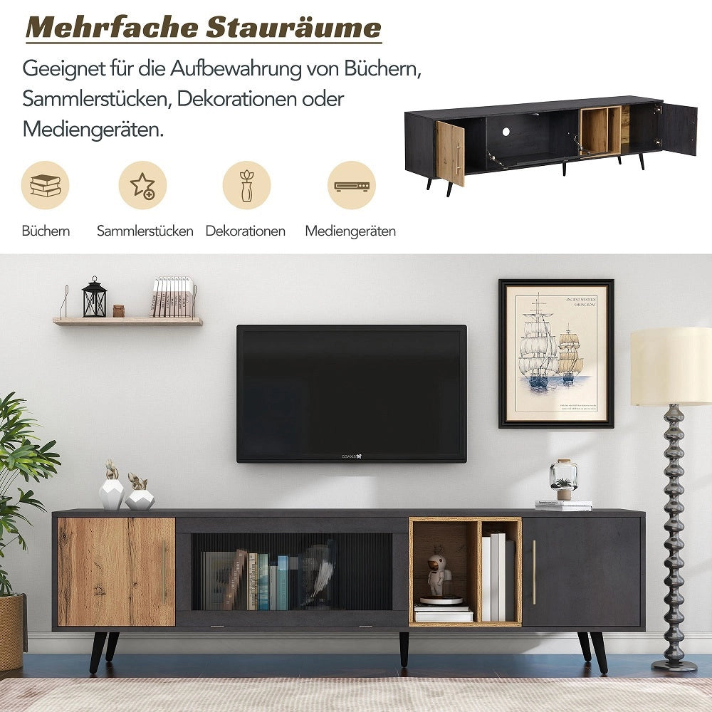 Meuble TV Commode - Xylo - Bois fonc?? veines naturelles, pour t??l??viseur 90 pouces, ??l??gant gris