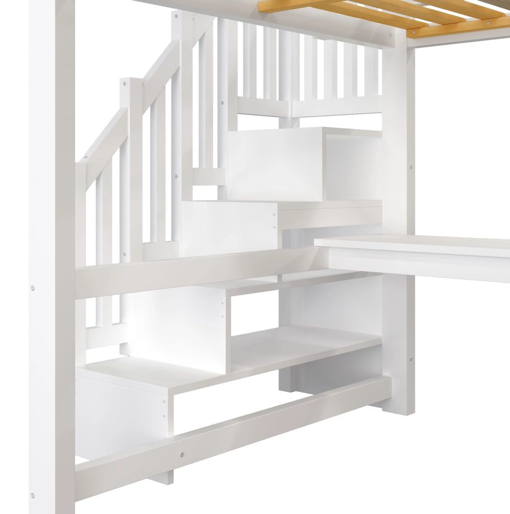 Letto a soppalco 140x200 cm bianco con scrivania, armadio, scala contenitore e LED