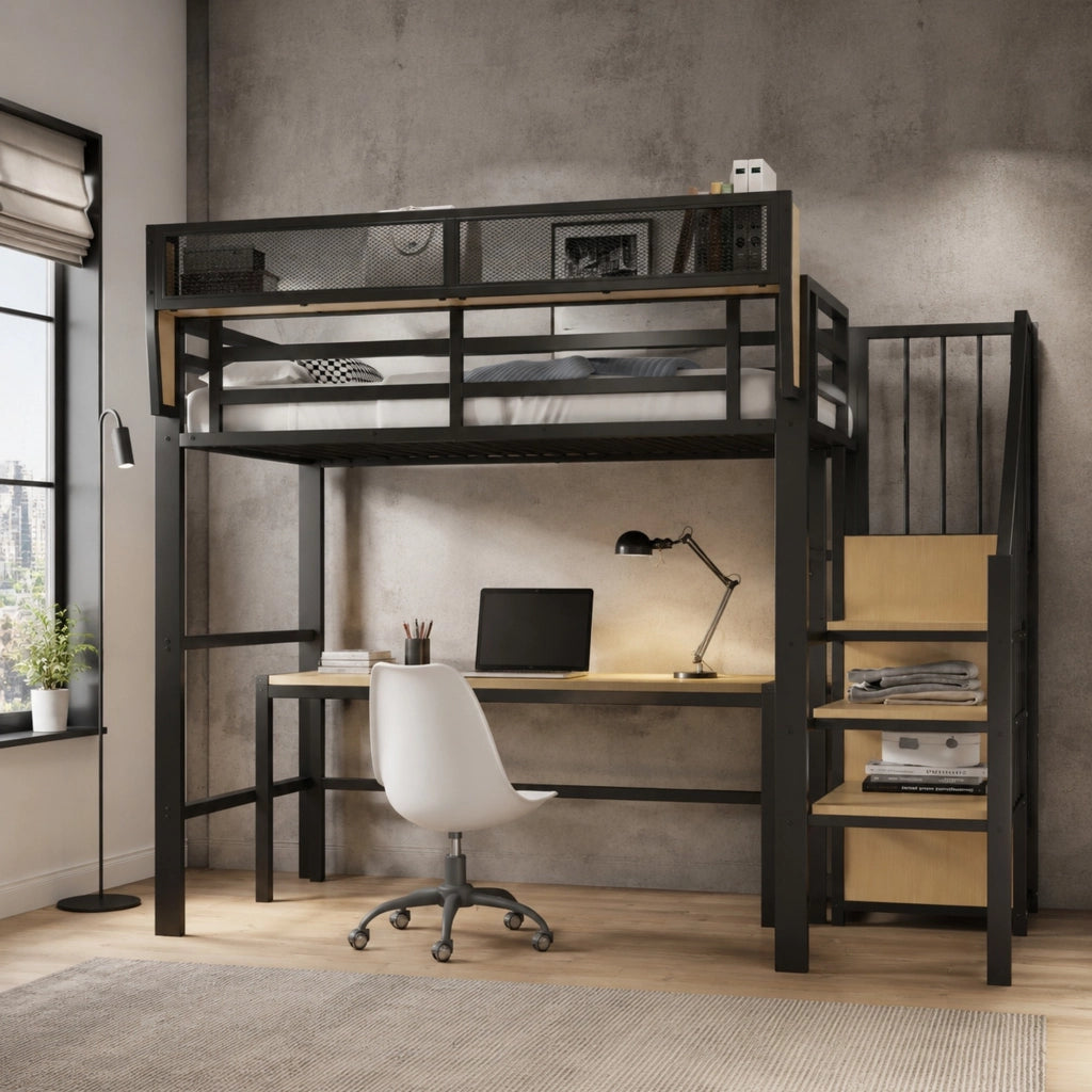Letto a soppalco 90x200 nero con ripiano regolabile
