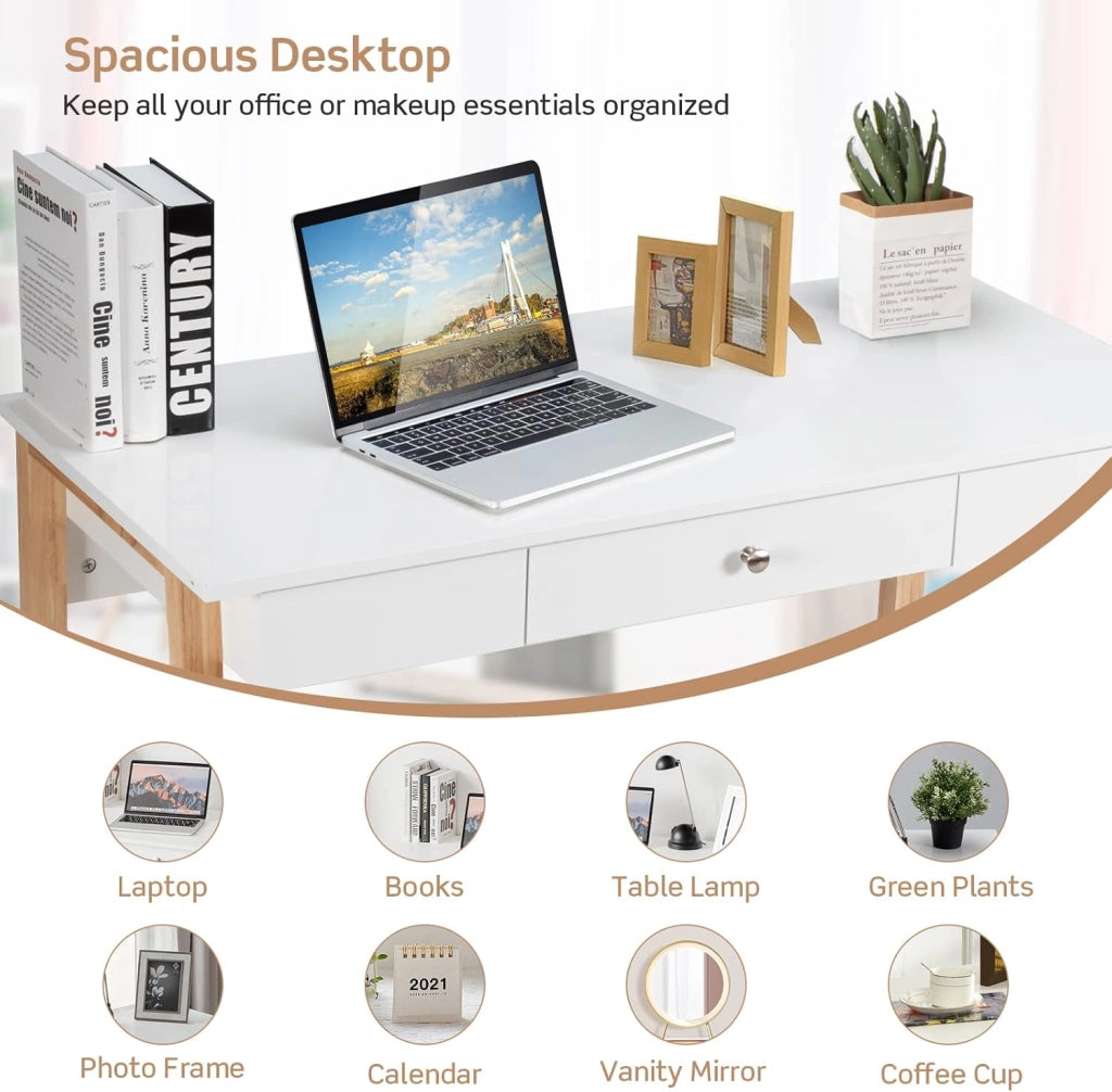 Scrivania da Ufficio con 1 Cassetto, Ampio Piano d'appoggio, Gambe Robuste con 2 Barre Trasversali, Ideale per Studio e l'Ufficio, Peso Massimo 54,4 kg, 106,5 x 50 x 75,5 cm