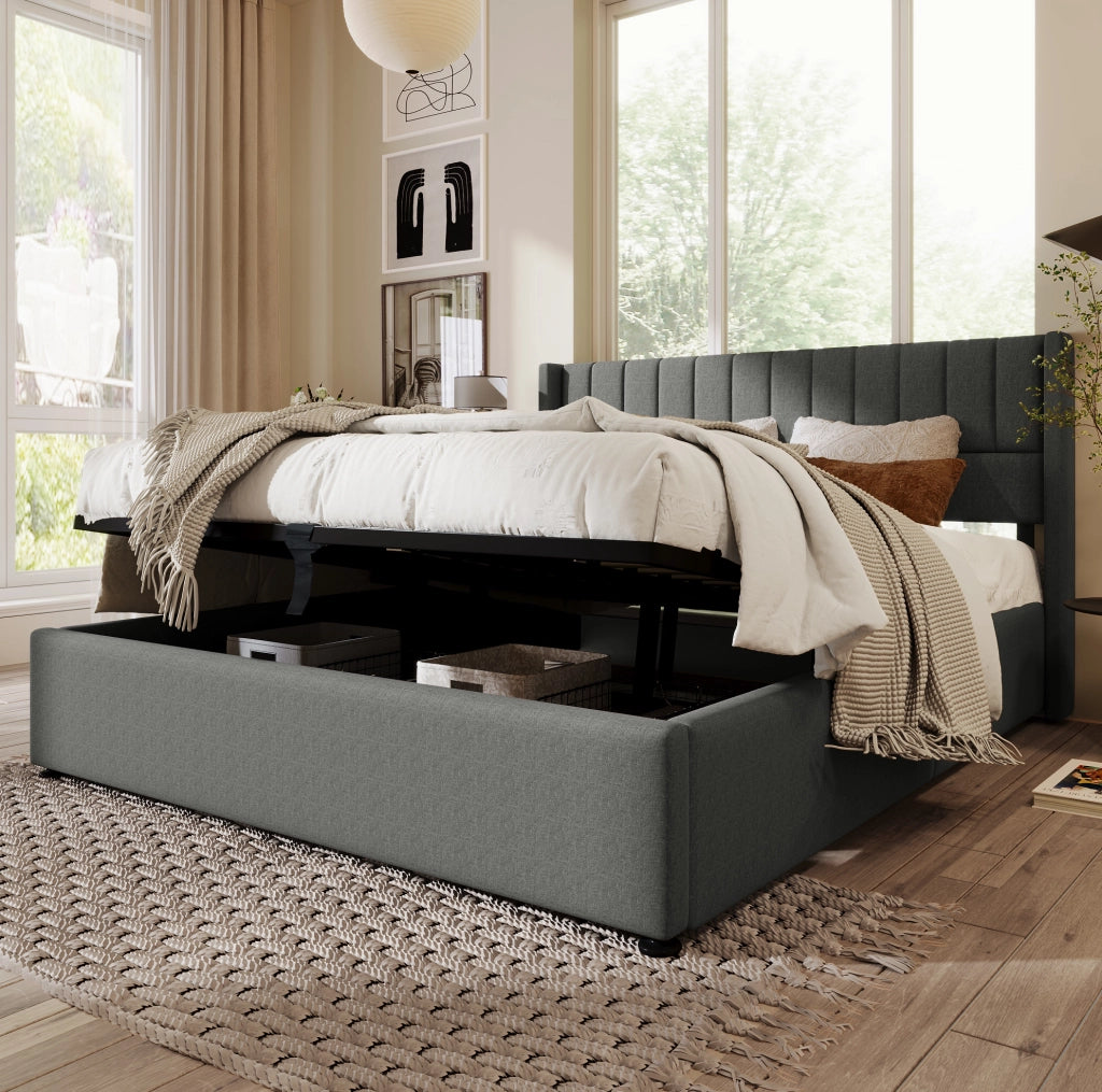 Letto contenitore imbottito grigio 160 x 200 cm con rete sollevabile