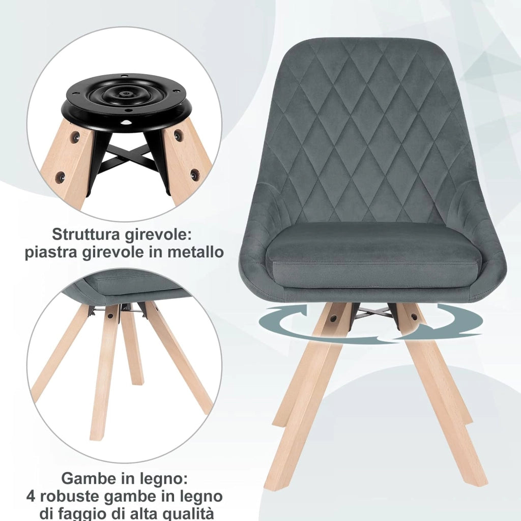 Sedia Girevole per Sala da Pranzo e Camera da Letto, Sedia da Cucina in Velluto Grigio Scuro, BH359dgr-1