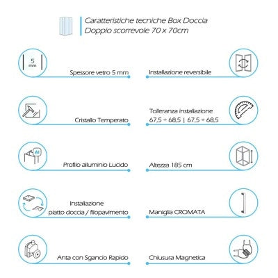 Box doccia 70x70 angolare doppio scorrevole con vetro temperato trasparente e profili cromo Geo