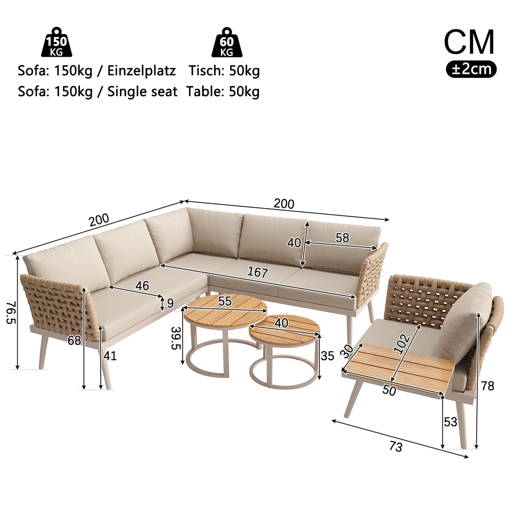 OKWISH Set da 5 Salotto da Giardino con 2 Divani, Poltrona e 2 Tavolini, Cuscini, Ferro Beige