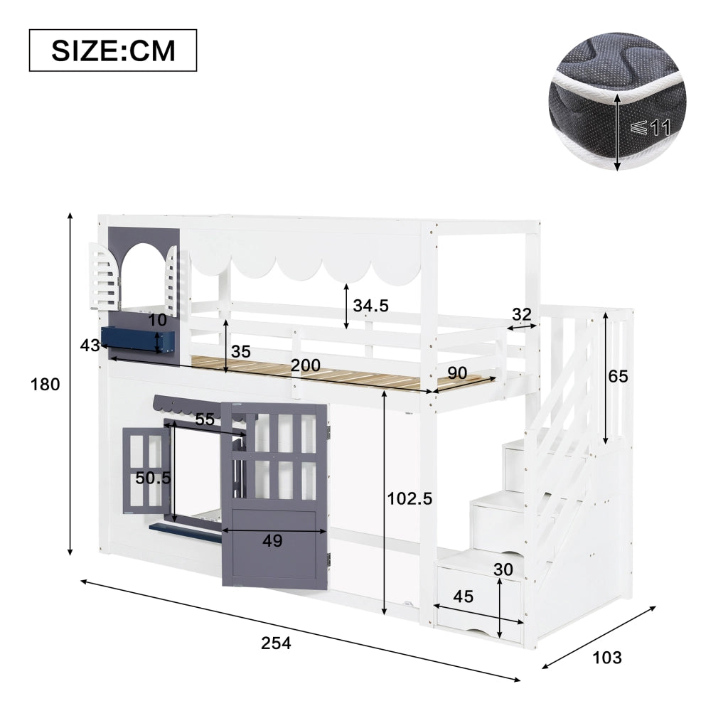 Letto a soppalco per bambini 90×200 cm 1 posto con scala contenitore e porta apribile; senza materasso; bianco e blu