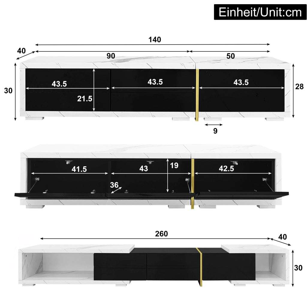 Mobile porta TV estensibile e girevole 140-260 cm effetto marmo bianco e nero
