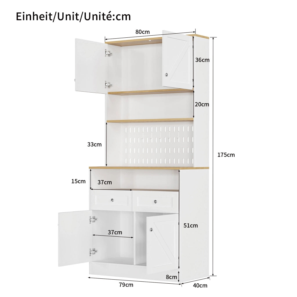 Credenza con ante a granaio e pannello forato, 2 cassetti e ripiani, cucina e sala da pranzo bianco e legno 80 × 40 × 175 cm