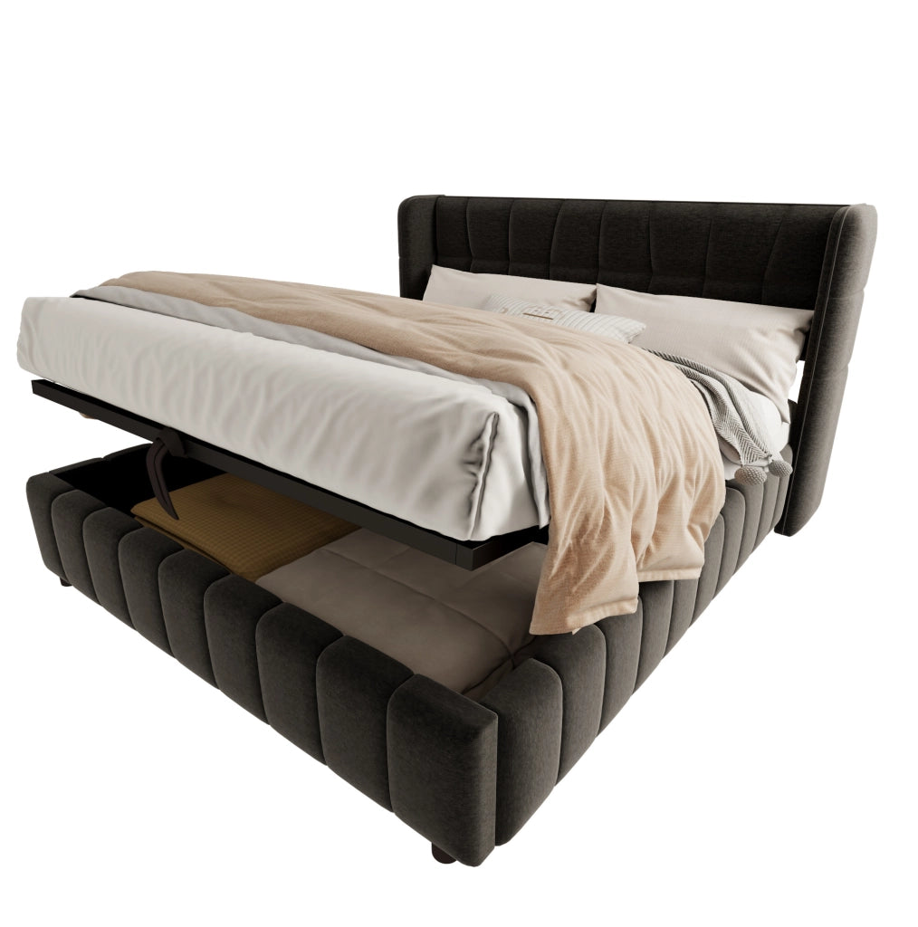 Letto imbottito 213x188x101 cm con vano contenitore in tessuto grigio