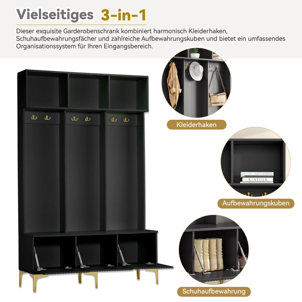 Mobile ingresso con banco; vani aperti e 6 ganci - per ingresso - nero - 120×23.5×191.5 cm