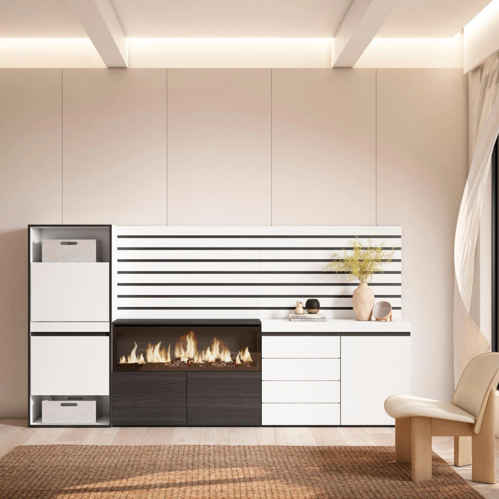 Scarpiera, 274x35x145cm, Camera da letto, Camino elettrico XXL, Cassettiera, Pannelli Decorativi, Bianco RF3556