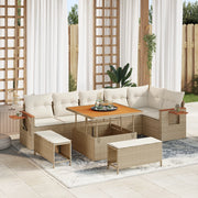 Set Divano da Giardino 9 Pezzi con Cuscini Beige Polyrattan Acacia