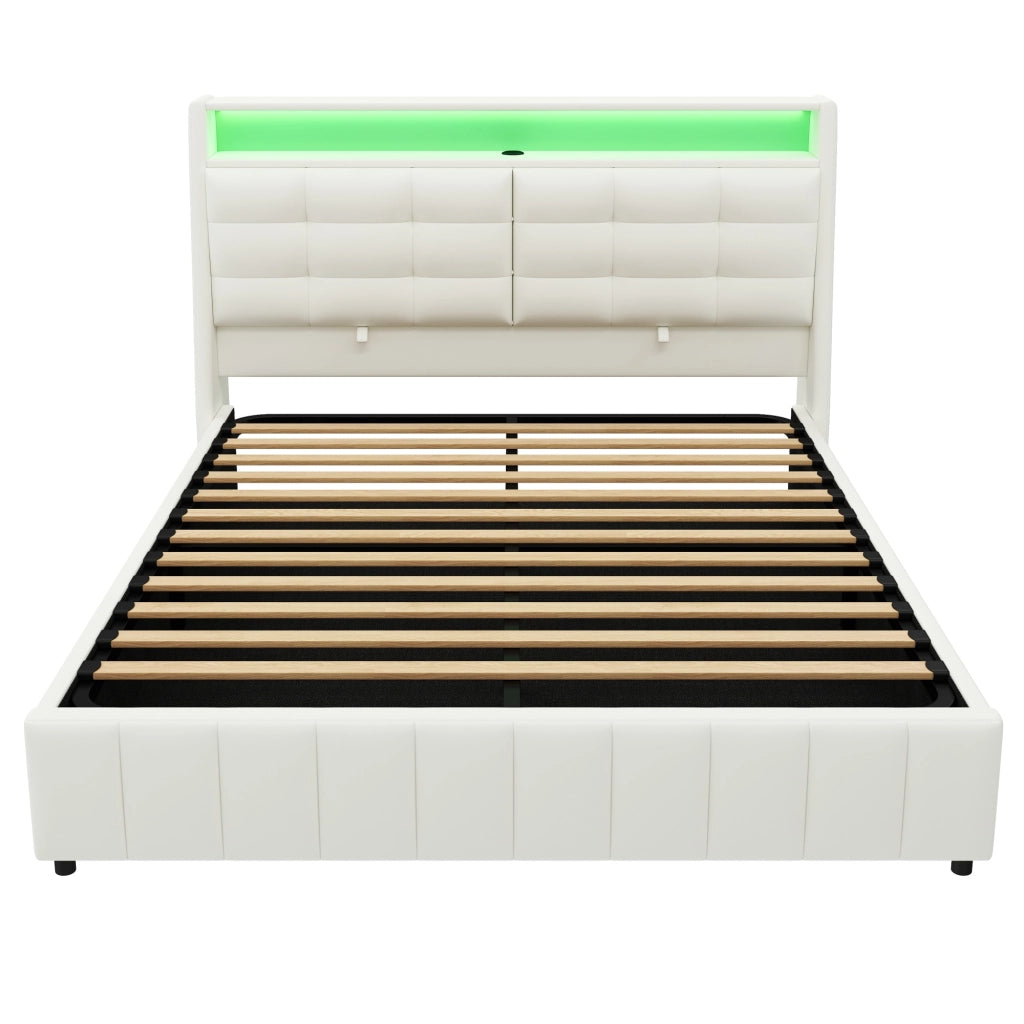 Letto piattaforma imbottito 160x200 cm con LED, USB e contenitore, bianco