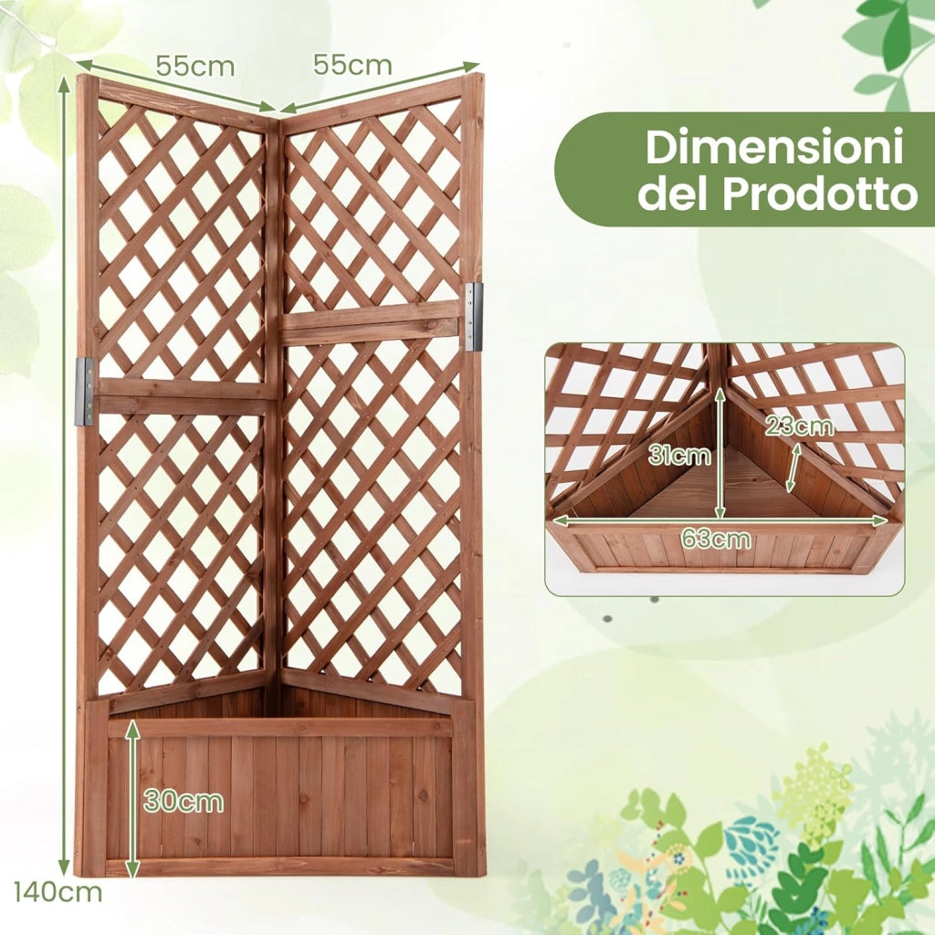 Letto da Giardino Rialzato ad Angolo con Traliccio e Fori di Drenaggio, Fioriera in Legno Elevata per Piante Rampicanti, Fiori e Verdure, Ideale per Interno ed Esterno (Marrone)