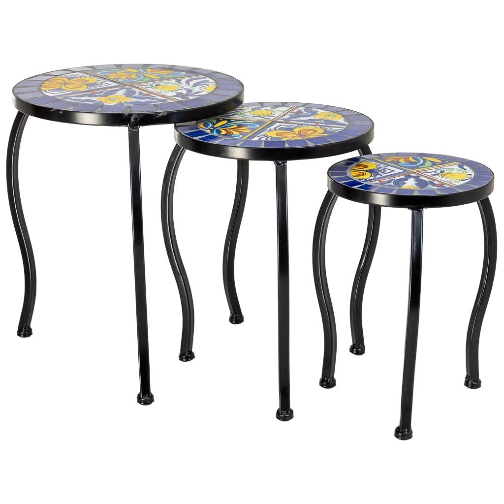 Set di 3 supporti, mosaico Blu e ferro battuto, 33x33x37h-28x28x33h-23