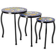 Set di 3 supporti, mosaico Blu e ferro battuto, 33x33x37h-28x28x33h-23