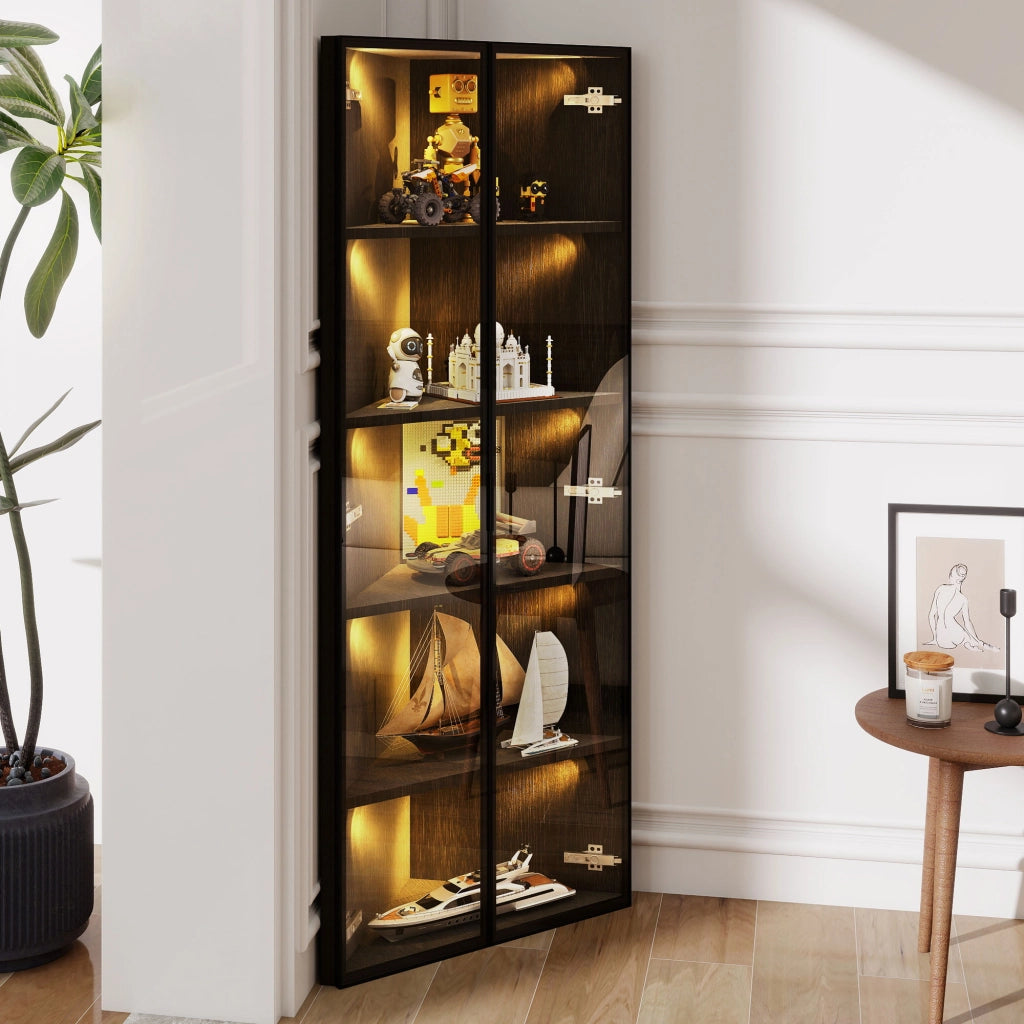 Vetrina angolare LED in vetro 62 x 35 x 160 cm, nera, con ante soft-close e struttura in MDF e vetro temperato