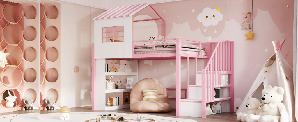 Letto a soppalco 90 × 200 cm con scala contenitore reversibile e scaffale, senza materasso, per bambini, rosa