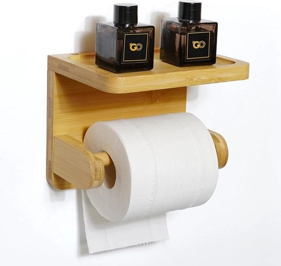 Sostegno per carta igienica in bambù, sostegno per carta igienica senza foratura, con pannello, contenitore per carta igienica, installazione rapida, sostegno per carta igienica per bagno (naturale)