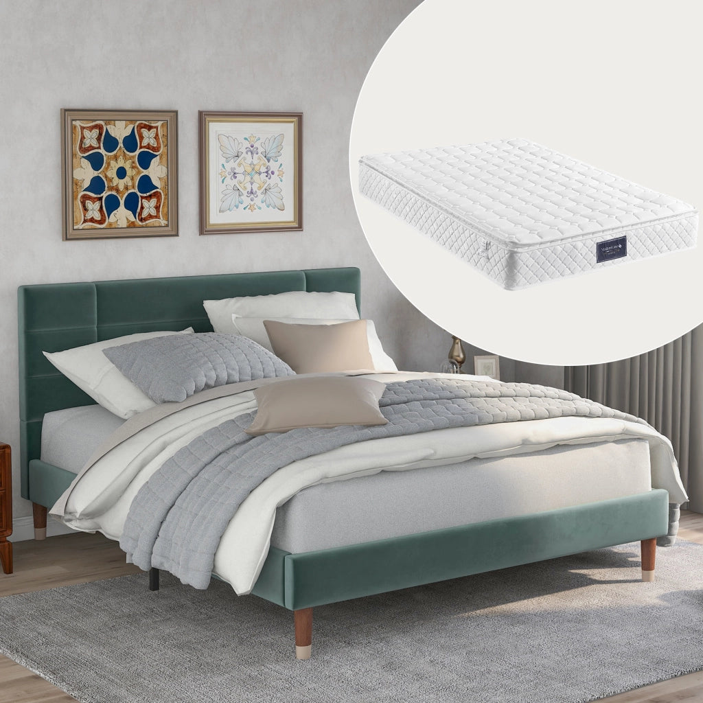 Letto imbottito in velluto verde scuro con doghe, 140x200 cm