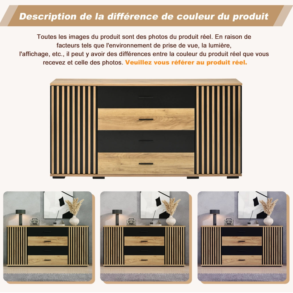 Credenza 140x35x70 cm in MDF; 4 cassetti e 2 ante con ripiani regolabili; nero e rovere