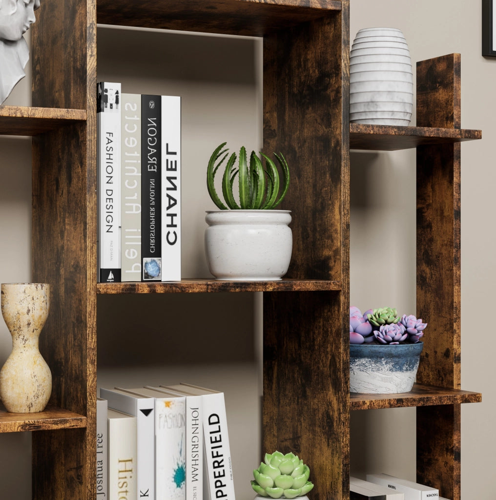 Libreria ULEVR ad albero 86x25x141 cm con 12 ripiani aperti e 2 cassetti, marrone rustico