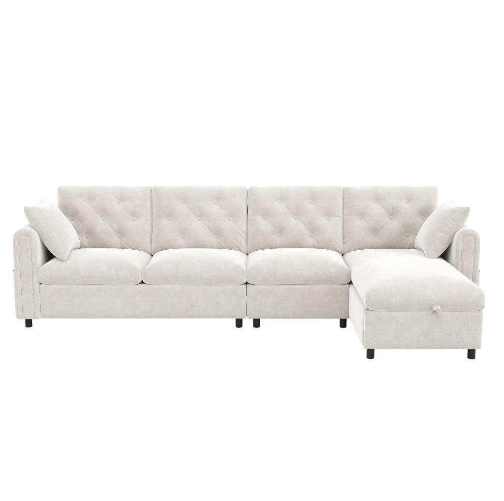 Divano angolare 281x132x86 cm con funzione letto e vano contenitore in velluto beige