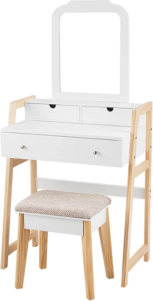 Set di Tavolo da Toeletta, Tavolo da Trucco con Sgabello e Specchio Regolabile in Altezza, 3 Cassetti, Bianco Moderno Minimalista