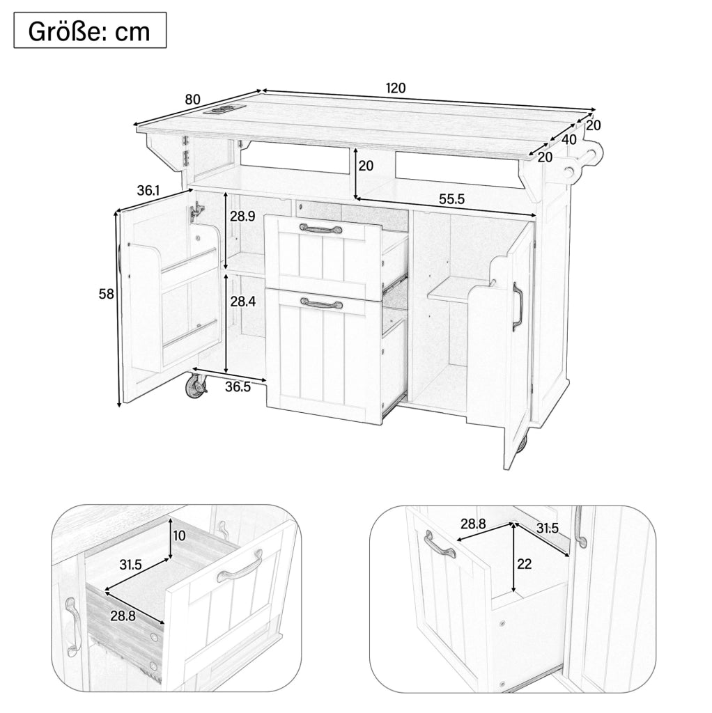 Isola cucina 120x40-60-80x92 cm con piano pieghevole e prese; in MDF e PB; nero e naturale