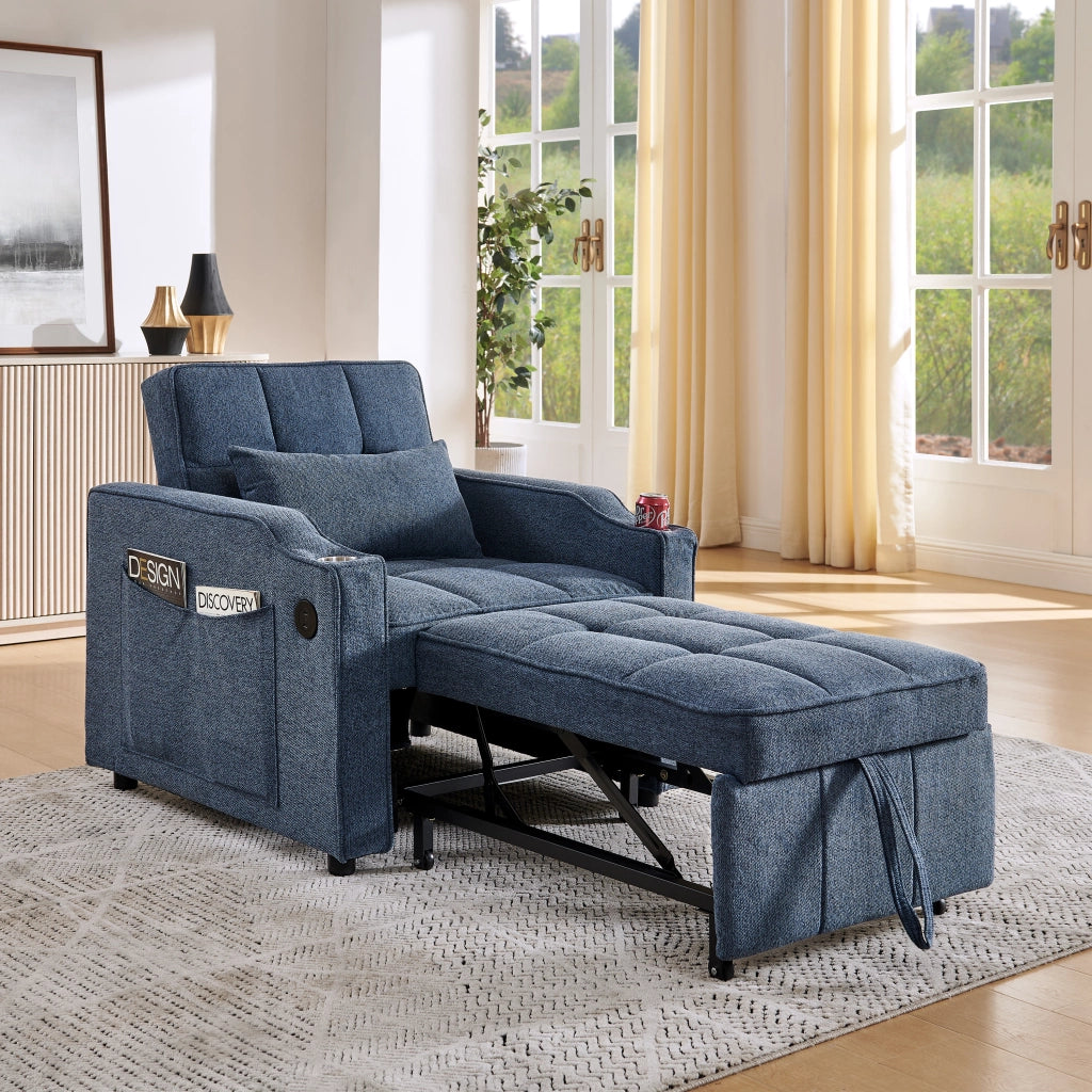 Poltrona letto 3 in 1 con USB e USB-C, schienale regolabile, portabicchieri e tasche laterali in tessuto blu navy