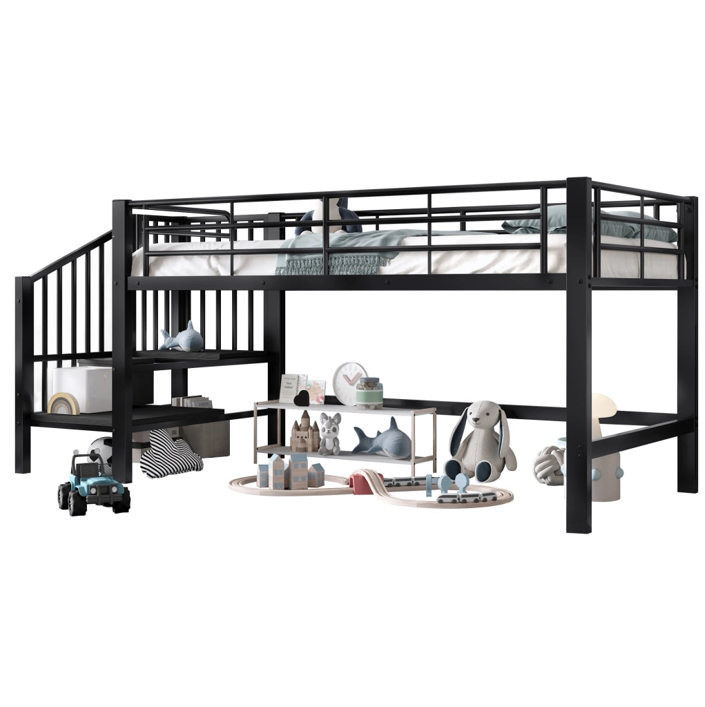 Letto a soppalco 90x200 cm con scala contenitore in metallo e MDF nero