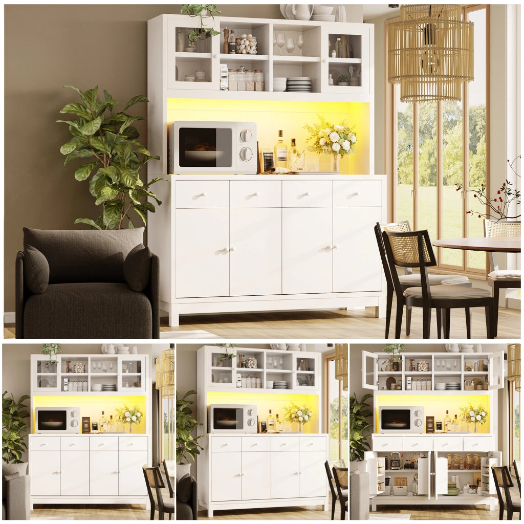Credenza con 4 cassetti; ripiani regolabili e LED RGB - per cucina - bianco