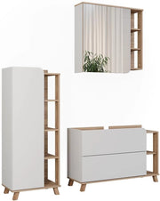 Set di mobili da bagno Karen, Sonoma/Bianco, 100 cm, composto da mobile sottolavabo, specchiera e mobile medio