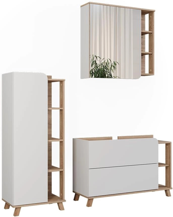 Set di mobili da bagno Karen, Sonoma/Bianco, 100 cm, composto da mobile sottolavabo, specchiera e mobile medio
