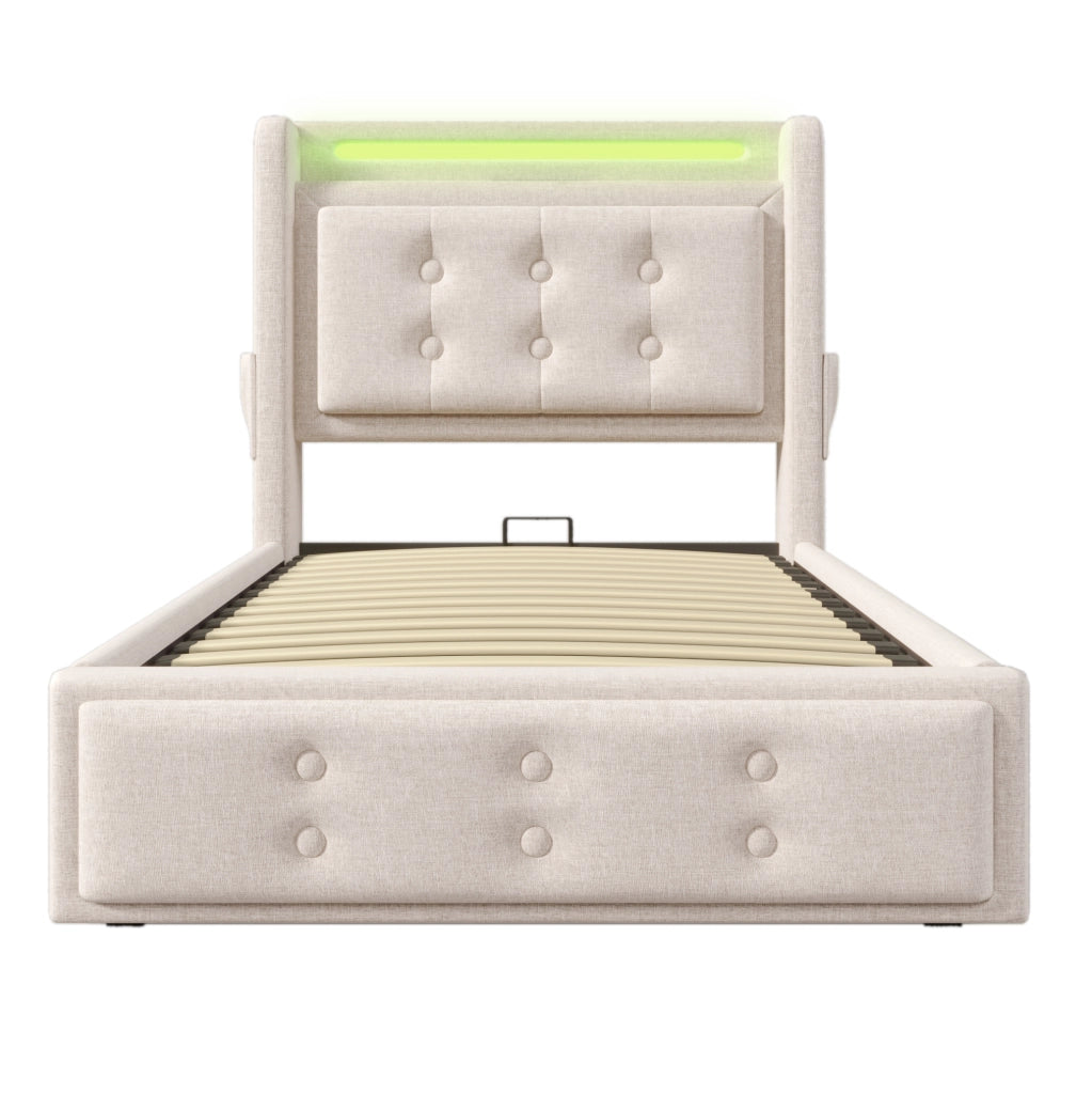 Letto matrimoniale 90x200 cm imbottito con testiera LED; prese e USB; beige in cotone-lino
