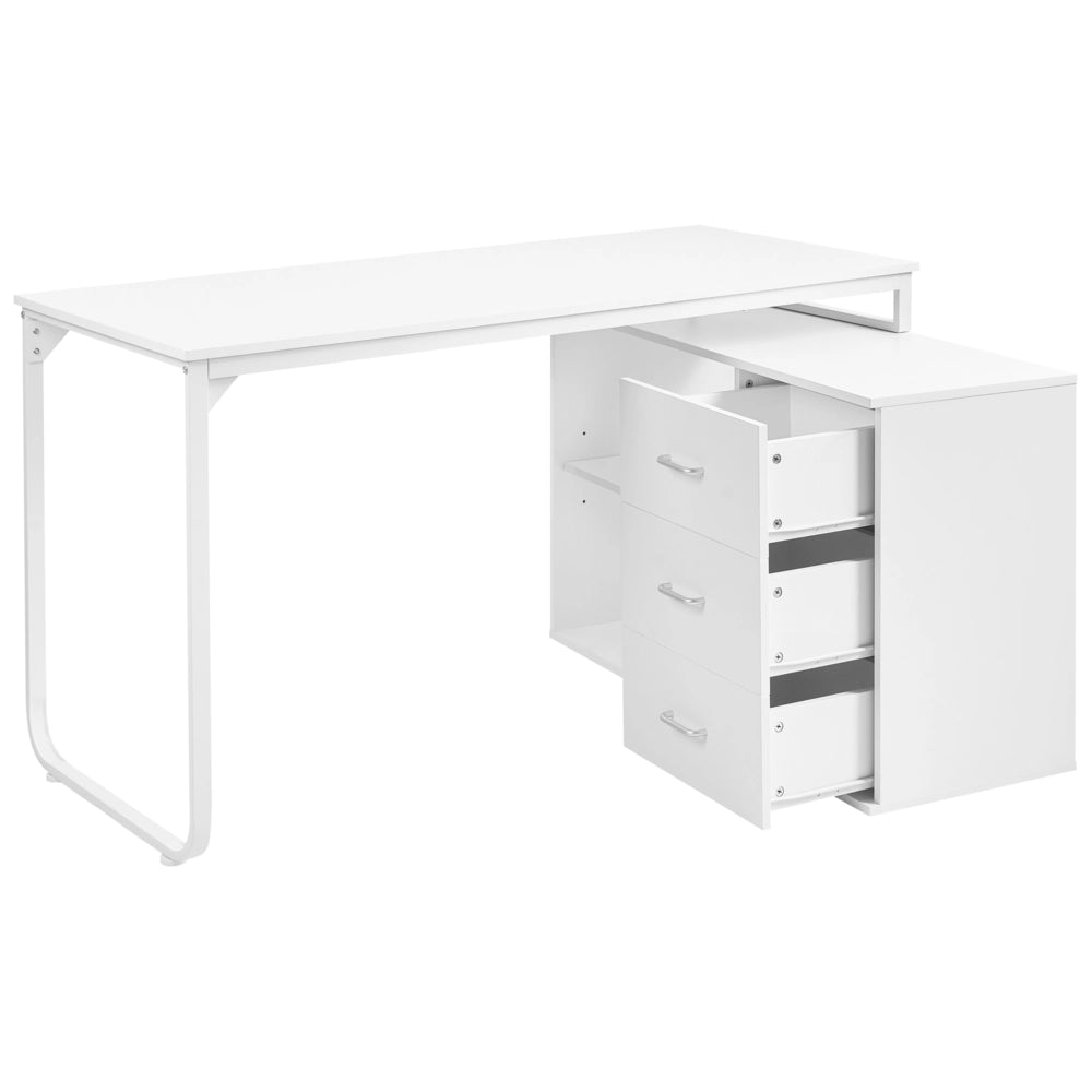 Scrivania da ufficio domestico angolare con 2 ripiani e 3 cassetti Pannello truciolare Gambe in ferro 140 x 100 cm Bianco