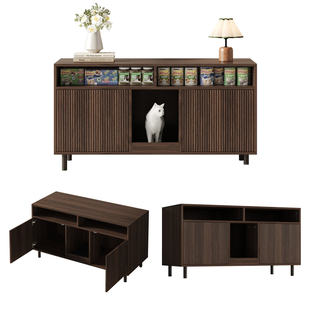 Mobile Lettiera per 2 Gatti 120×50×66 cm con Tappetino Raccogli Sabbia; 2 Ante e Ripiani; Effetto Noce