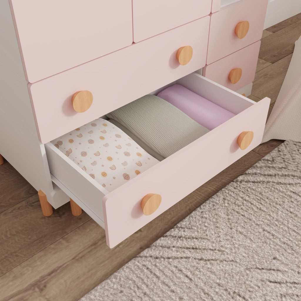 Armadio per Cameretta Vaarentaa a 2 Ante con 4 Cassetti e 3 Vani Aperti 156x90x41 cm - Bianco/Rosa [en.casa]