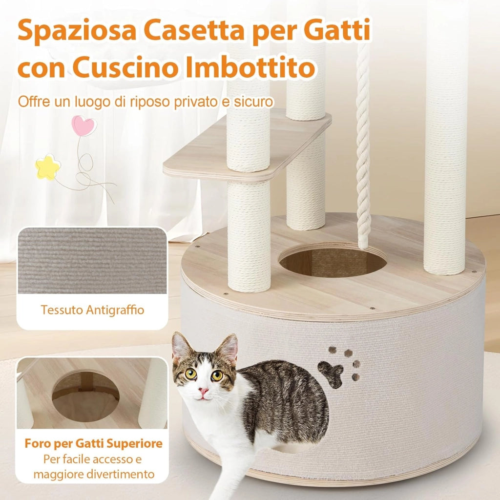 Albero per Gatti Alto 141 cm, Tiragraffi per Gatti in Plywood con Condo, Posatoio Curvo, Amaca, Tiragraffi, Pallina e Corda Appesi e Cuscini in Pile Lavabili, 55 x 55 x 141 cm