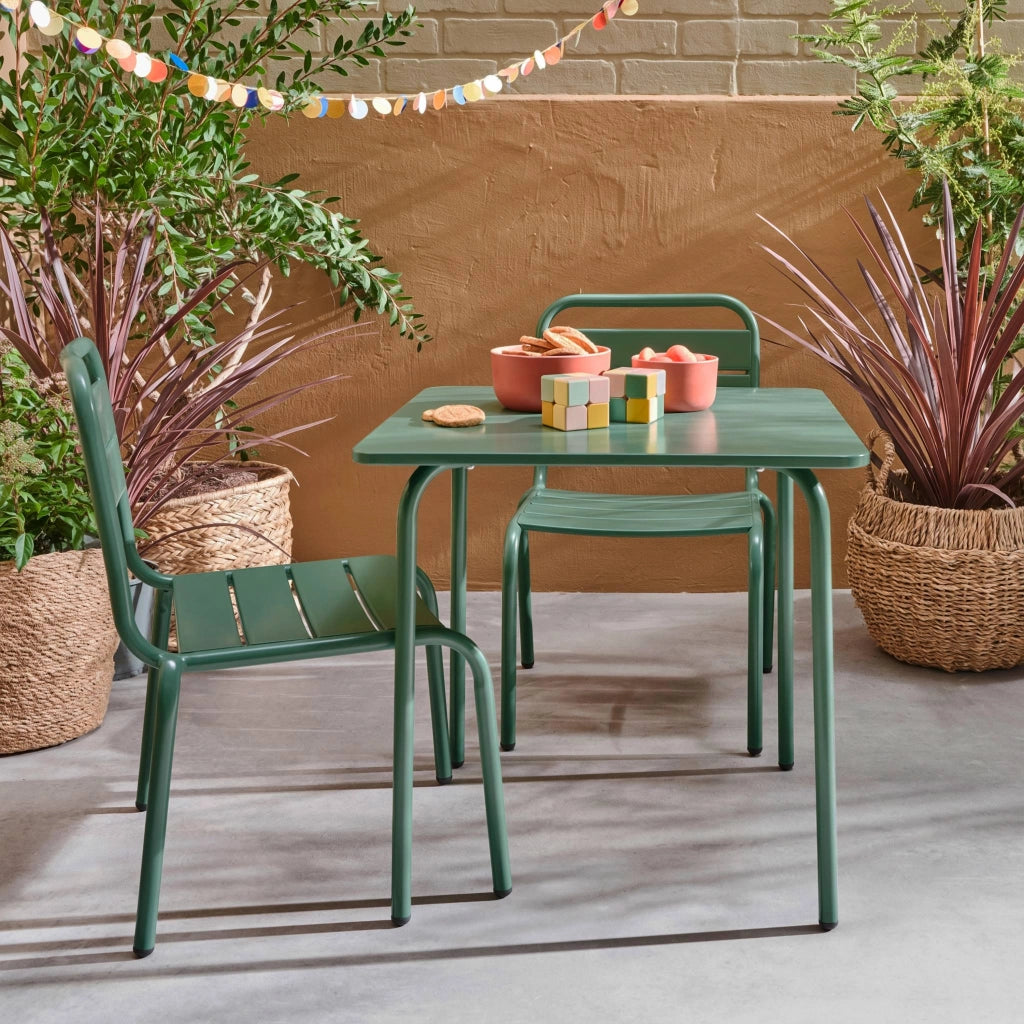 Set tavolino in metallo per bambini e 2 sedie, verde grigio