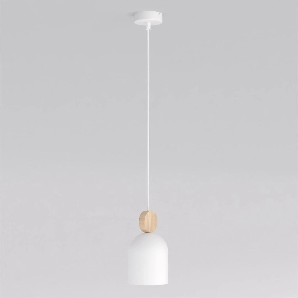 Lampada a sospensione Mesi in acciaio bianco opaco e legno