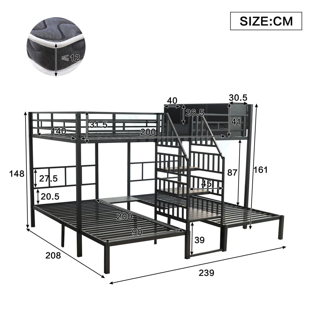 OKWISH Letto a Castello 90×200 cm e 140×200 cm, Letto 3 Posti con Scala, Contenitore e Corrimani, senza Materasso, Nero