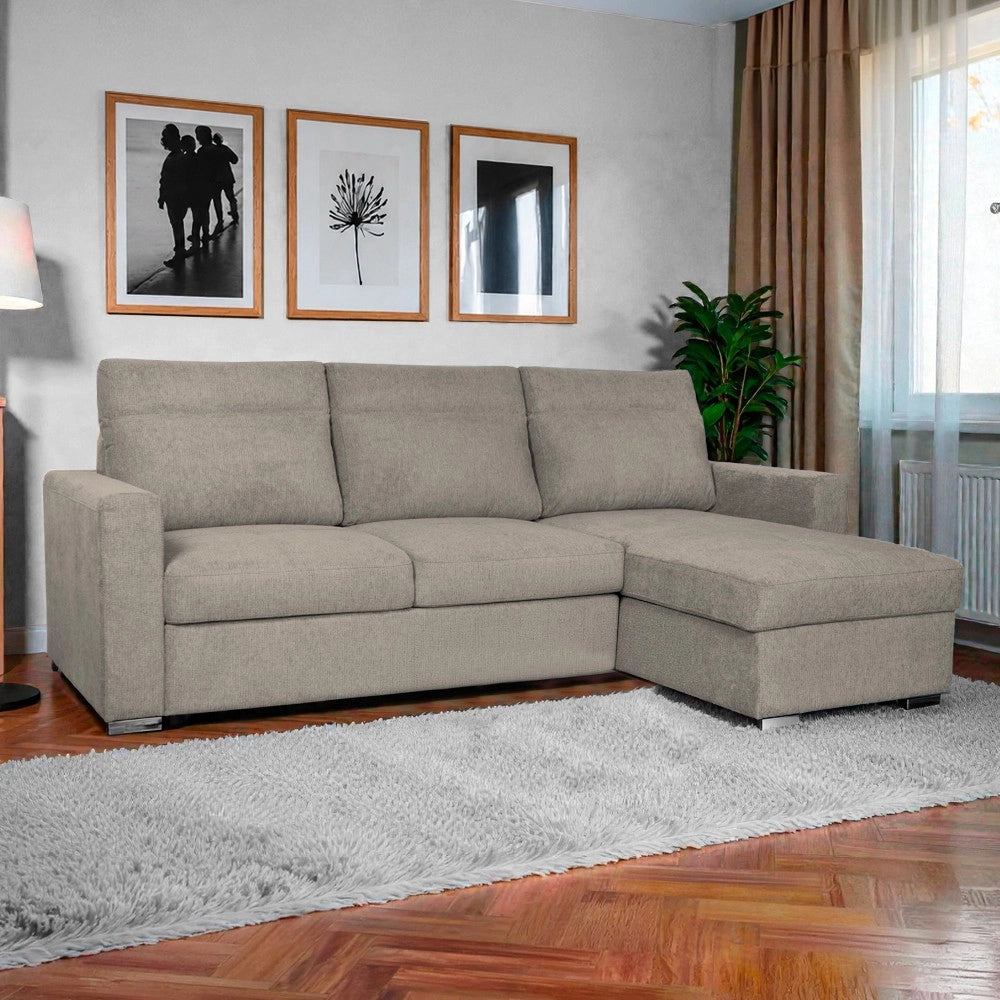 Divano Elba tortora con Letto Estraibile e Penisola Contenitore Reversibile – Comfort e Versatilità per Ogni Giorno