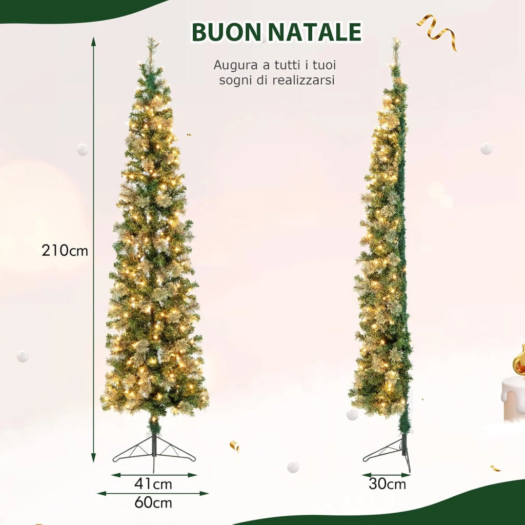 Albero di Natale Mezzo 210 CM, Albero di Natale Artificiale Metà con 150 Luci LED Incorporate, 403 Rami in PVC e Base Pieghevole in Metallo da Casa, Ufficio e Negozio