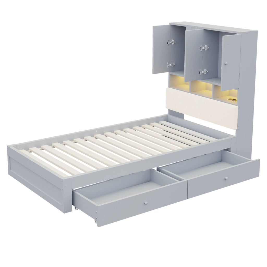Letto in legno 90 x 200 cm, testiera imbottita, con vano portaoggetti, illuminazione a LED, presa di corrente, 2 cassetti, grigio